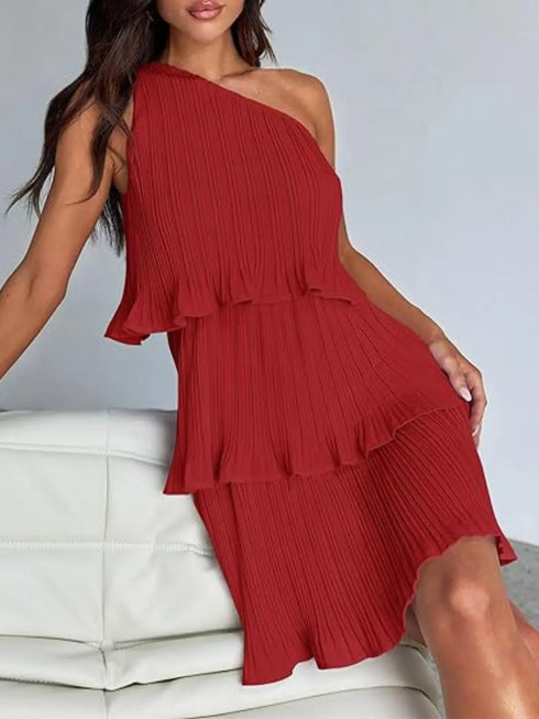 'Hesper' Layered Single Shoulder Mini Dress - Celes Fashion